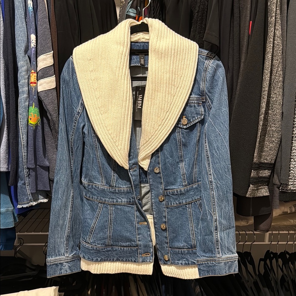 White House Black Market Denim Jacket with Cream Knit Collar